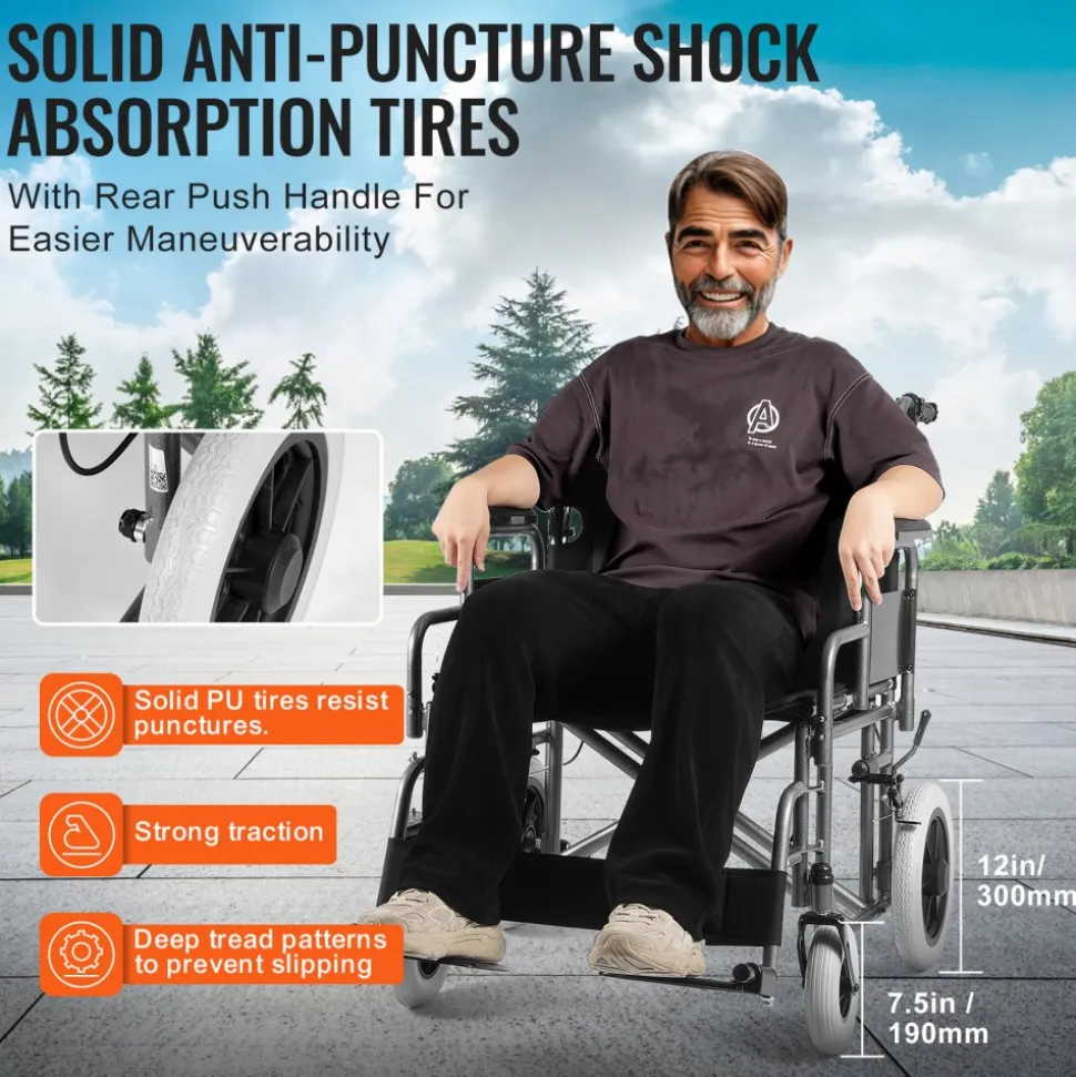 VEVOR Wheelchair, Carbon Steel Transport Chair for Adults, Foldable Wheelchair with Detachable Armrest, Self-locking Brake, 24-Inch Wide Seat, 300lbs Weight Capacity, for the Disabled Move Freely