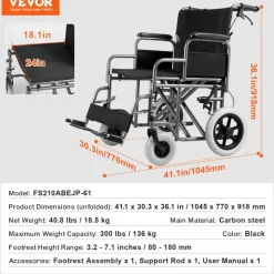 VEVOR Wheelchair, Carbon Steel Transport Chair for Adults, Foldable Wheelchair with Detachable Armrest, Self-locking Brake, 24-Inch Wide Seat, 300lbs Weight Capacity, for the Disabled Move Freely