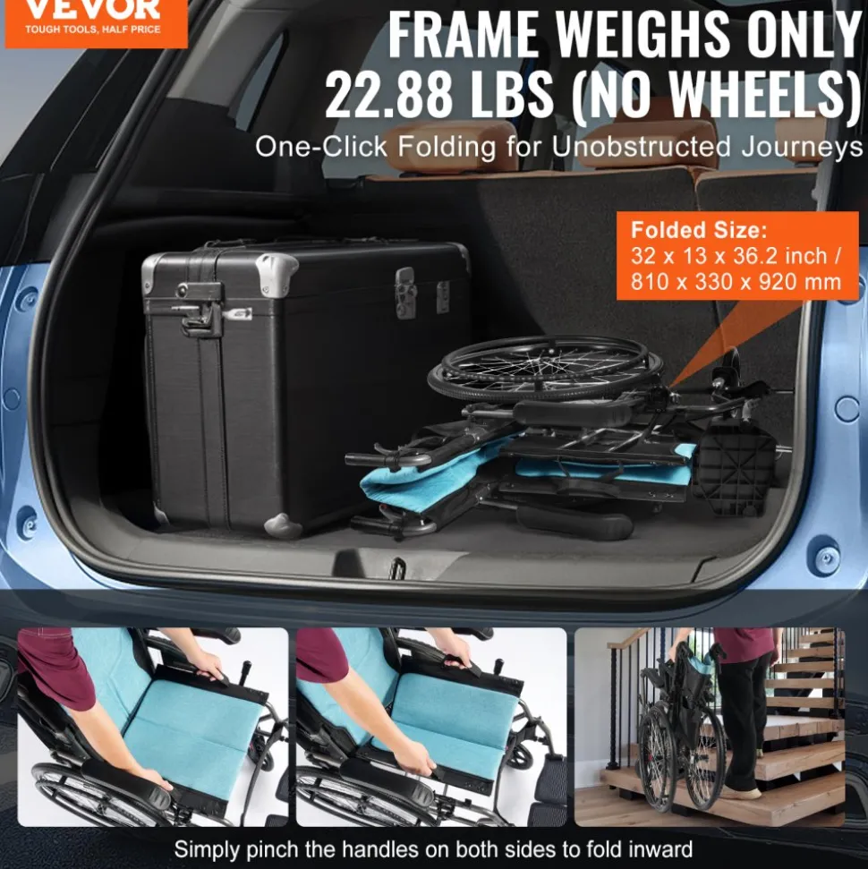 VEVOR Wheelchair, Durable Aluminum Alloy Ultra-Lightweight Wheelchairs, Portable Wheelchair with Flip-Back Desk-Length Arms, 3-Position Adjustable Footrests, 18-Inch Wide Seat, 250lbs Weight Capacity