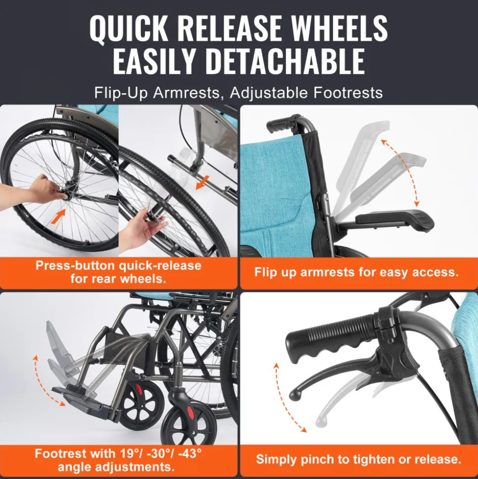 VEVOR Wheelchair, Durable Aluminum Alloy Ultra-Lightweight Wheelchairs, Portable Wheelchair with Flip-Back Desk-Length Arms, 3-Position Adjustable Footrests, 18-Inch Wide Seat, 250lbs Weight Capacity
