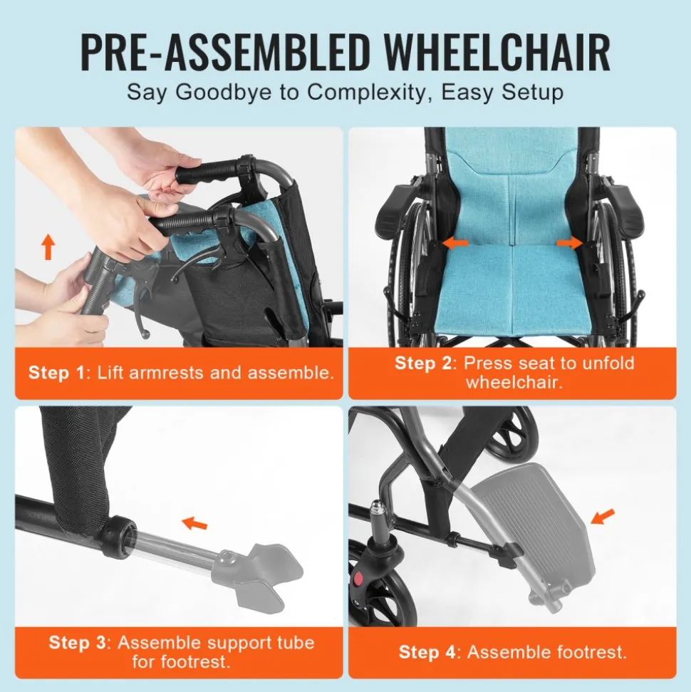 VEVOR Wheelchair, Durable Aluminum Alloy Ultra-Lightweight Wheelchairs, Portable Wheelchair with Flip-Back Desk-Length Arms, 3-Position Adjustable Footrests, 18-Inch Wide Seat, 250lbs Weight Capacity