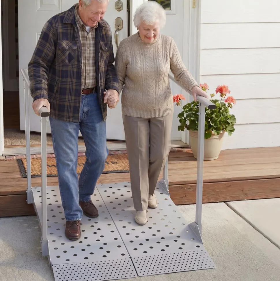 VEVOR Wheelchair Ramp with Handrails, 44.9 x 33.5 in, Heavy Duty Carbon Steel Handicap Ramp, 440 lbs Capacity, Non-Slip Portable Threshold Ramps for Home Steps, Stairs, Doorways, Curbs, Walkers, Scooters