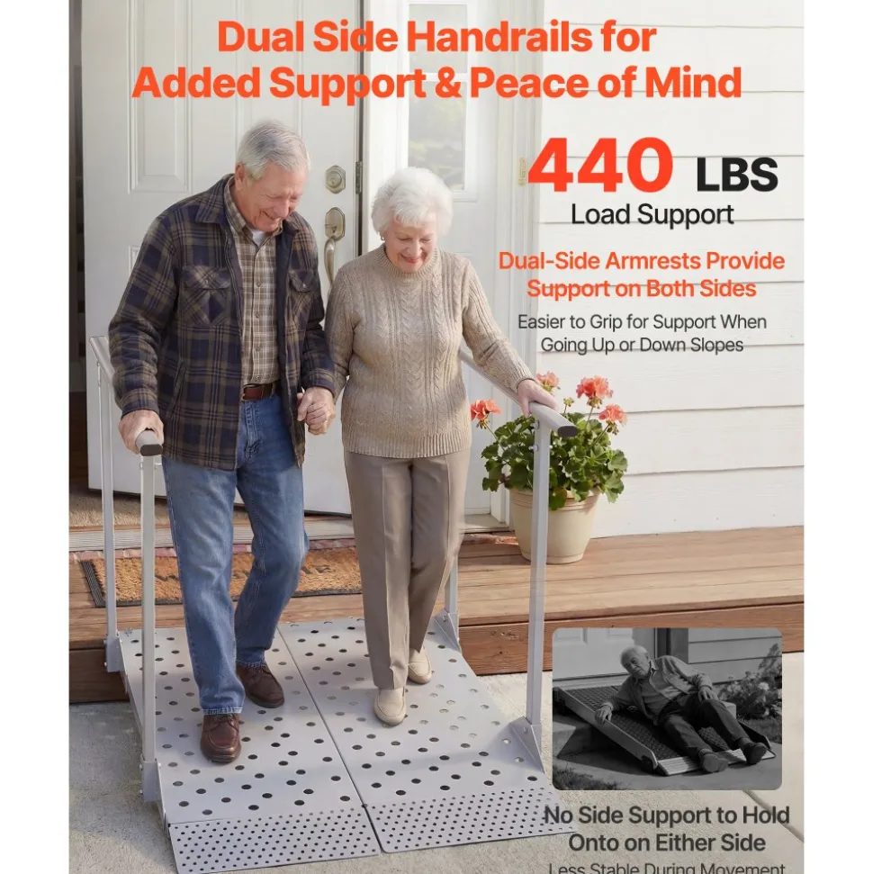 VEVOR Wheelchair Ramp with Handrails, 44.9 x 33.5 in, Heavy Duty Carbon Steel Handicap Ramp, 440 lbs Capacity, Non-Slip Portable Threshold Ramps for Home Steps, Stairs, Doorways, Curbs, Walkers, Scooters