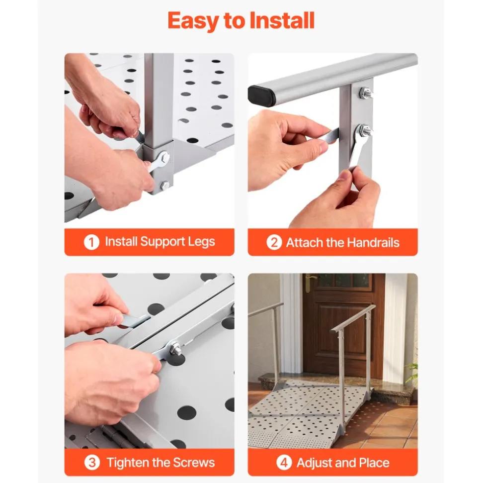 VEVOR Wheelchair Ramp with Handrails, 44.9 x 33.5 in, Heavy Duty Carbon Steel Handicap Ramp, 440 lbs Capacity, Non-Slip Portable Threshold Ramps for Home Steps, Stairs, Doorways, Curbs, Walkers, Scooters