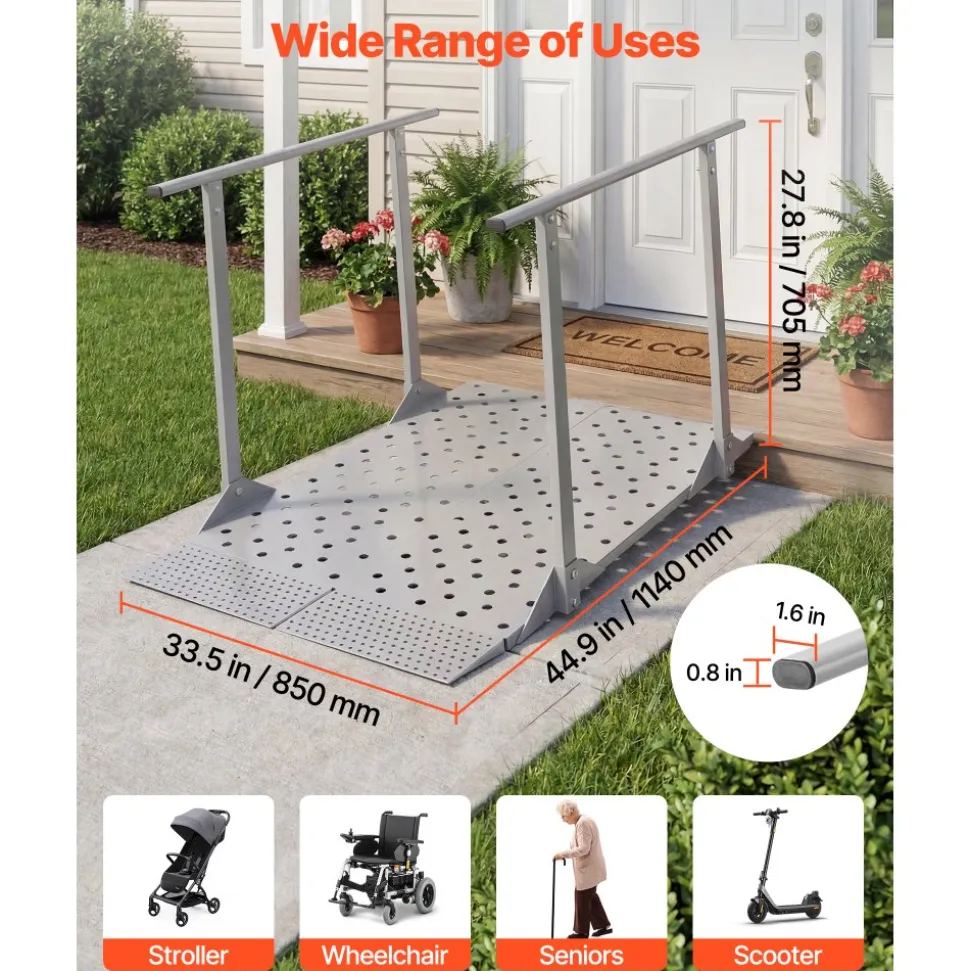 VEVOR Wheelchair Ramp with Handrails, 44.9 x 33.5 in, Heavy Duty Carbon Steel Handicap Ramp, 440 lbs Capacity, Non-Slip Portable Threshold Ramps for Home Steps, Stairs, Doorways, Curbs, Walkers, Scooters