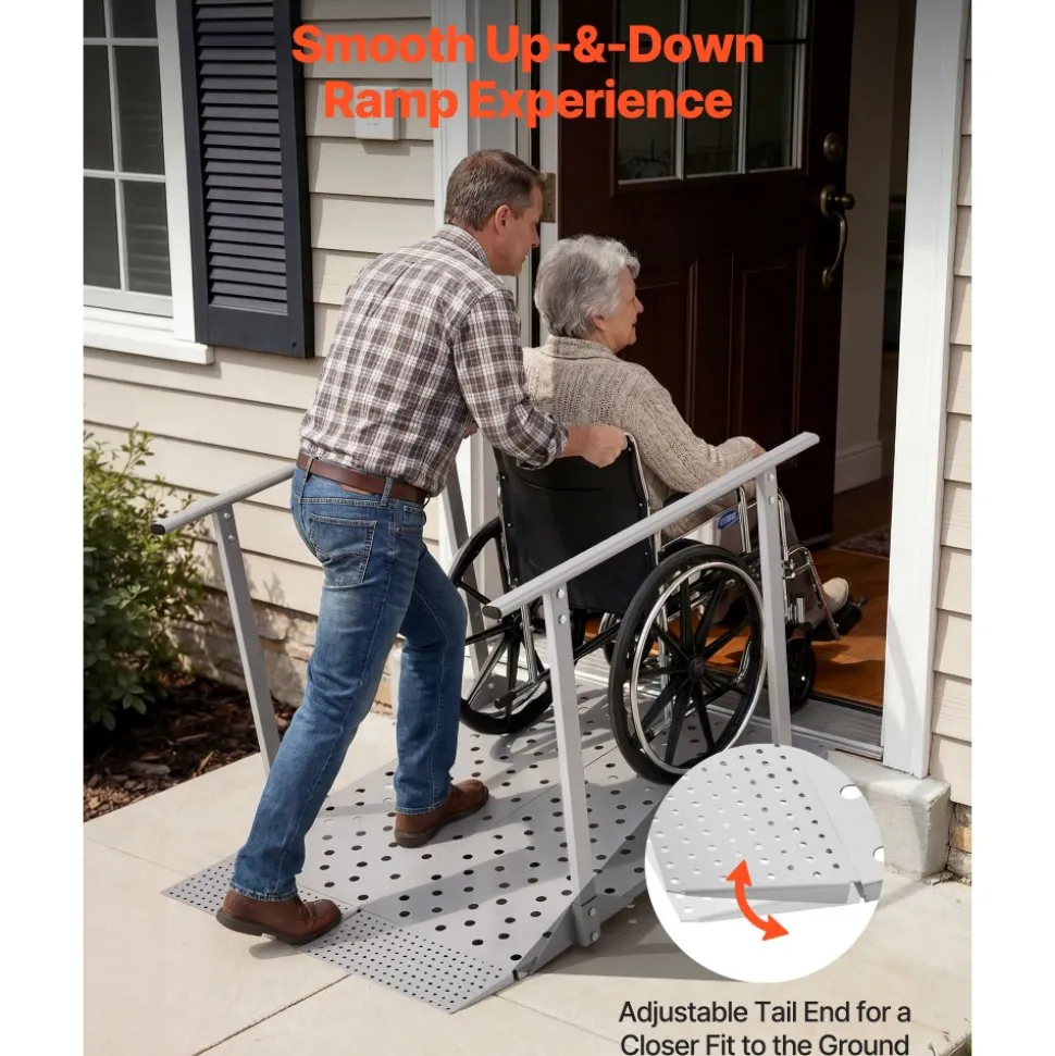 VEVOR Wheelchair Ramp with Handrails, 44.9 x 33.5 in, Heavy Duty Carbon Steel Handicap Ramp, 440 lbs Capacity, Non-Slip Portable Threshold Ramps for Home Steps, Stairs, Doorways, Curbs, Walkers, Scooters