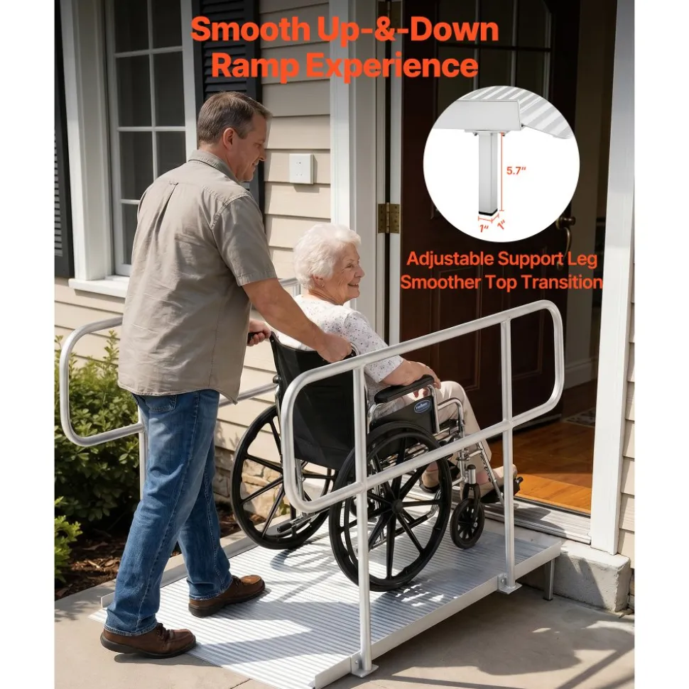 VEVOR Wheelchair Ramp with Handrails, 71.1 x 32.7 in, Heavy Duty Wide Aluminum Wheelchair Ramp with Adjustable Legs, 1000 lbs Capacity, Portable Threshold Ramps for Home Steps, Stairs, Doorways, Curbs
