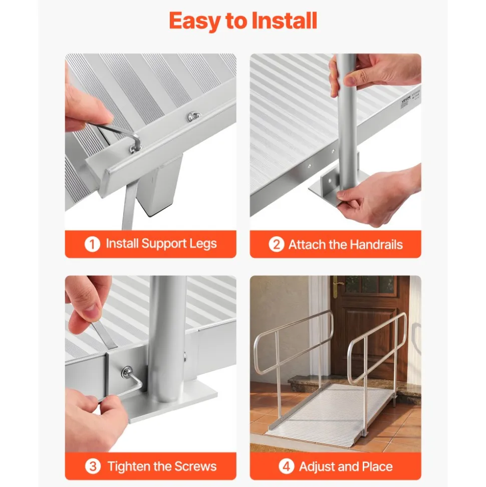 VEVOR Wheelchair Ramp with Handrails, 71.1 x 32.7 in, Heavy Duty Wide Aluminum Wheelchair Ramp with Adjustable Legs, 1000 lbs Capacity, Portable Threshold Ramps for Home Steps, Stairs, Doorways, Curbs