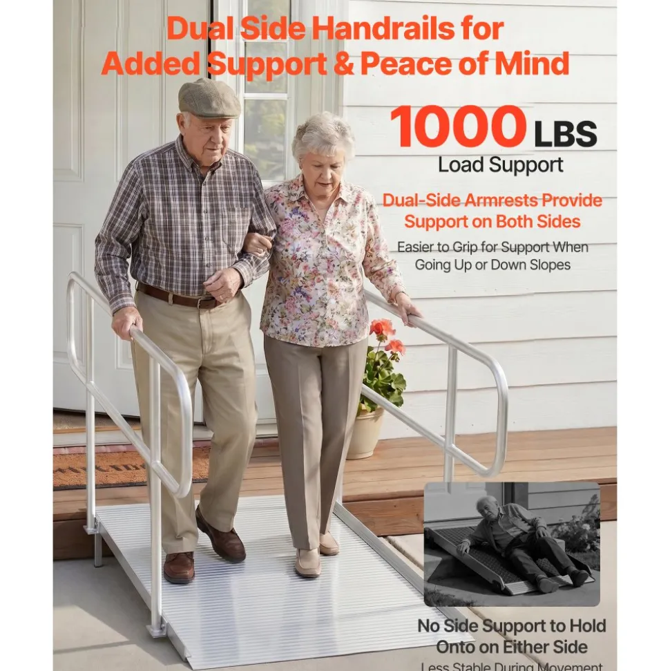 VEVOR Wheelchair Ramp with Handrails, 71.1 x 32.7 in, Heavy Duty Wide Aluminum Wheelchair Ramp with Adjustable Legs, 1000 lbs Capacity, Portable Threshold Ramps for Home Steps, Stairs, Doorways, Curbs