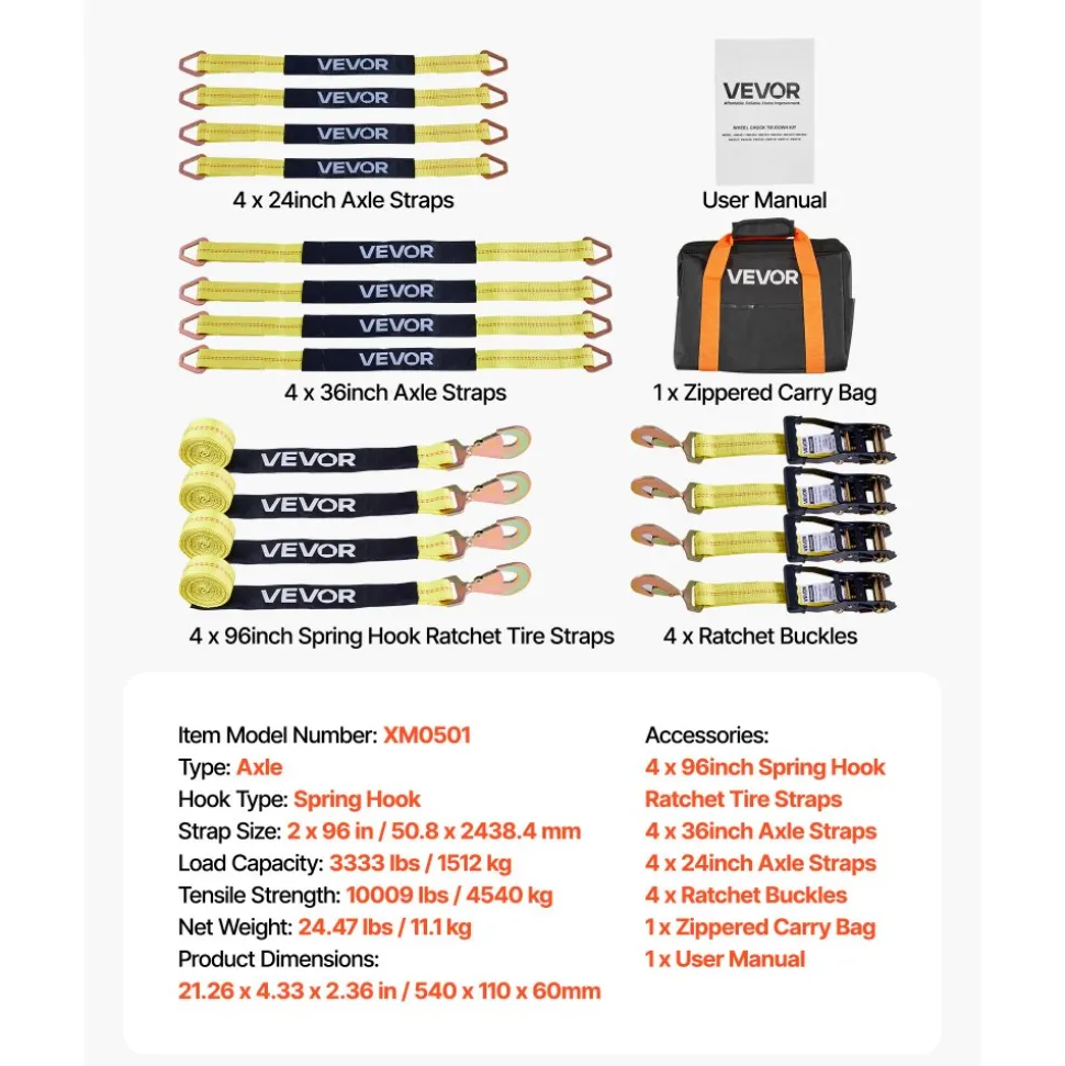VEVOR Wheel Chock Tie-Down Kit, Axle Type Trailer Tie Down Strap, Car Tie Down Kit with Break Strength 10009 lbs, Working Load 3333 lbs, Trailer Ratchet Strap for ATV, UTV, & Heavy-Duty Pickup Trucks