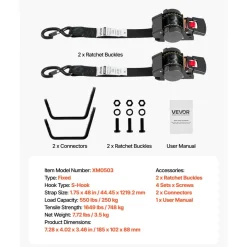 VEVOR Wheel Chock Tie-Down Kit, Fixed Trailer Tie Down Strap, Car Tie Down Kit with S-Hook, Break Strength 1649 lbs & Working Load 550 lbs Motorcycle Tie-Down System for Trailers, Boats, Snowmobiles