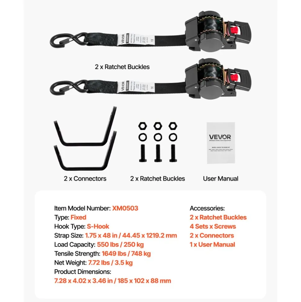 VEVOR Wheel Chock Tie-Down Kit, Fixed Trailer Tie Down Strap, Car Tie Down Kit with S-Hook, Break Strength 1649 lbs & Working Load 550 lbs Motorcycle Tie-Down System for Trailers, Boats, Snowmobiles