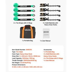 VEVOR Wheel Chock Tie-Down Kit, Chock-Style Trailer Tie Down Strap, Car Tie Down Kit with Buckle, Break Strength 4380 lbs & Working Load 1460 lbs Motorcycle Tie-Down System E-Hooks for ATVs, UTVs