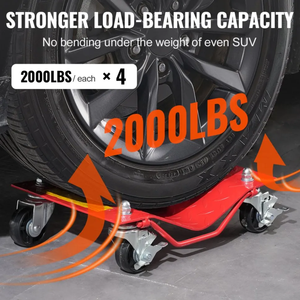 VEVOR Wheel Dolly, 8000 lbs Capacity Heavy-Duty Steel Car Mover, Wheel Dolly Car Tire Stake Set with Brakes, Vehicle Moving Cart Moving Cars, Trucks, Trailers, Motorcycles, and Boats, Set of 4, Red