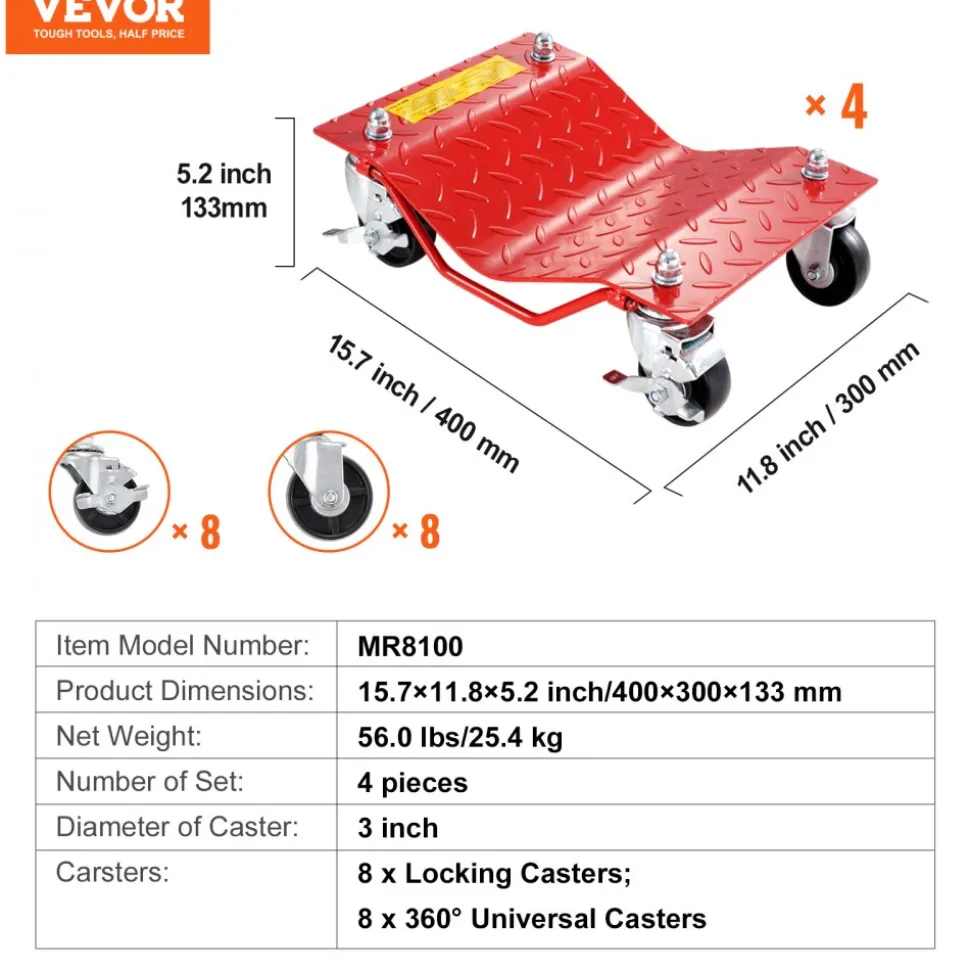 VEVOR Wheel Dolly, 8000 lbs Capacity Heavy-Duty Steel Car Mover, Wheel Dolly Car Tire Stake Set with Brakes, Vehicle Moving Cart Moving Cars, Trucks, Trailers, Motorcycles, and Boats, Set of 4, Red