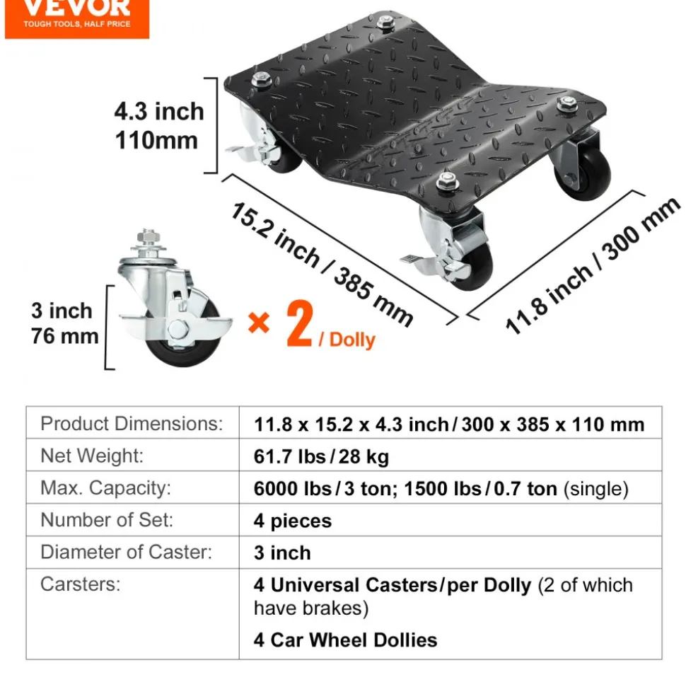 VEVOR Wheel Dolly, 6000 lbs/2722 kg Car Moving Dolly, Wheel Dolly Car Tire Stake Set of 4 Piece, Heavy-duty Car Tire Dolly Cart Moving Cars, Trucks, Trailers, Motorcycles, and Boats