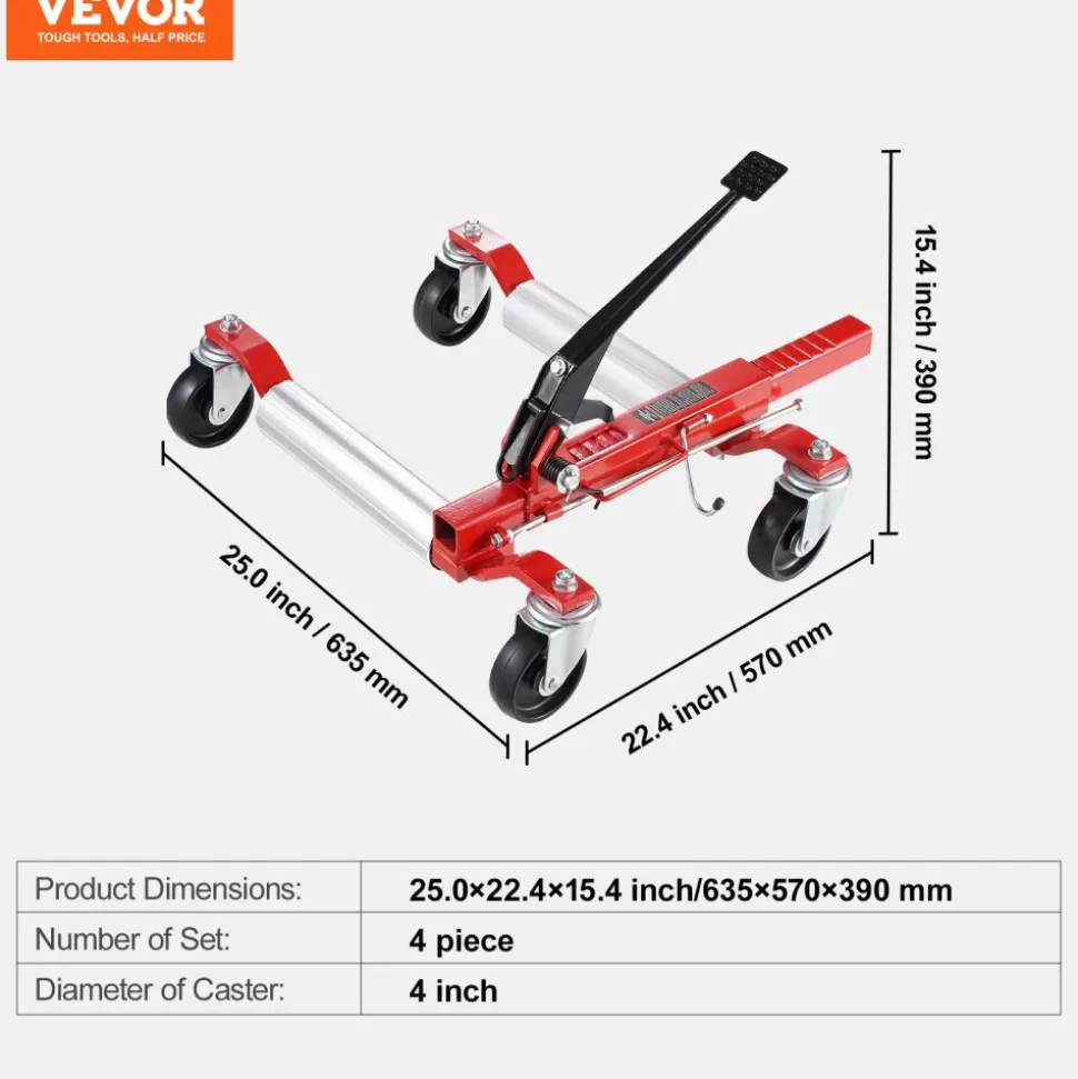 VEVOR Wheel Dolly, Max Capacity 1500 Lbs Car Dolly, Car Jack Dolly Lifter with 360° Rotatable Wheels, Heavy Duty Vehicle Positioning Ratchet Tire Jack, for Vehicle Car Auto Repair Moving, Set of 4
