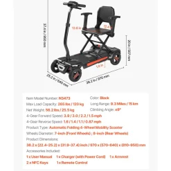 VEVOR 4-Wheel Electric Mobility Scooter for Adults & Seniors, Integrated Automatic Folding Mobility Scooter with Remote Control, NFC Keys & Long Range, 265LBS Loading Travel Wheelchair