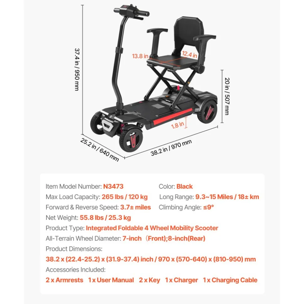 VEVOR 4-Wheel Electric Mobility Scooter for Adults & Seniors, Integrated Foldable Mobility Scooter with 9.3 Miles Long Range, All Terrain Travel Wheelchair with 9° Climbing Capacity & 265LBS Loading