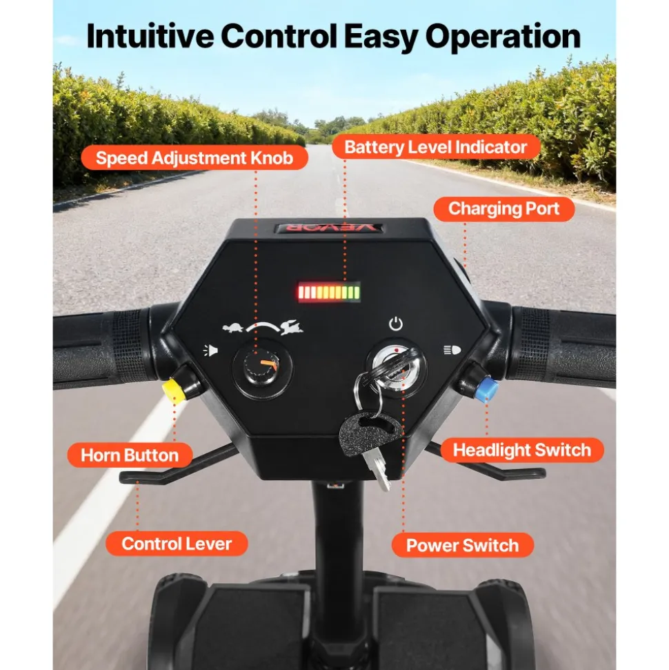 VEVOR 4-Wheel Electric Mobility Scooter for Adults & Seniors, Integrated Foldable Mobility Scooter with 9.3 Miles Long Range, All Terrain Travel Wheelchair with 9° Climbing Capacity & 265LBS Loading