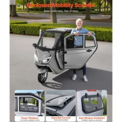 VEVOR 3-Wheel Enclosed Mobility Scooter for Seniors Adults, 650lbs Capacity, 3-Seater 1500W Electric Recreational Mobility Scooter 37 Miles Long Range, Remote Unlock, All-Terrain for Shopping Touring