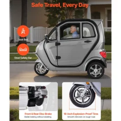 VEVOR 3-Wheel Enclosed Mobility Scooter for Seniors Adults, 650lbs Capacity, 3-Seater 1500W Electric Recreational Mobility Scooter 37 Miles Long Range, Remote Unlock, All-Terrain for Shopping Touring