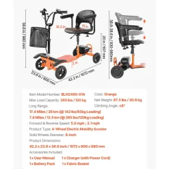 VEVOR 4-Wheel Folding Mobility Scooter for Adults & Seniors, 265LBS Loading Electric Mobility Scooter, All-Terrain Travel Wheelchair with 48V Lithium Battery, 8