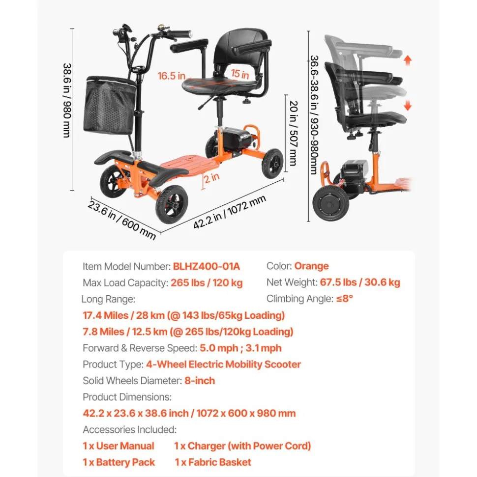 VEVOR 4-Wheel Folding Mobility Scooter for Adults & Seniors, 265LBS Loading Electric Mobility Scooter, All-Terrain Travel Wheelchair with 48V Lithium Battery, 8" Solid Tires & 8° Climbing Capacity