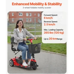 VEVOR 3 Wheel Folding Mobility Scooter for Adults & Seniors, Heavy-Duty Electric Powered Mobility Scooter & 12 Mile Long Range, All Terrain Travel Wheelchair with 9° Climbing Capacity, 265lb Capacity