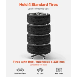 VEVOR Wheel Rack on Casters, Robust Steel Wheel Stand for 4 Wheel and Rim Combinations, Compact & Portable Tire Storage for Tires as Wide as 225mm, Supports up to 220LBS Weight, Perfect for Garage Workspace