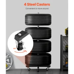 VEVOR Wheel Rack on Casters, Robust Steel Wheel Stand for 4 Wheel and Rim Combinations, Compact & Portable Tire Storage for Tires as Wide as 225mm, Supports up to 220LBS Weight, Perfect for Garage Workspace