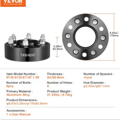 VEVOR Wheel Spacers, 2" 6"x5.3" Wheel Adapters, 6 Lug Forged Spacer, 87.1 mm Bore Hubcentric M14 x2 Studs Spacers, Fit for Ford  Expedition, F150, Lincoln Navigator, 4 PCS Black