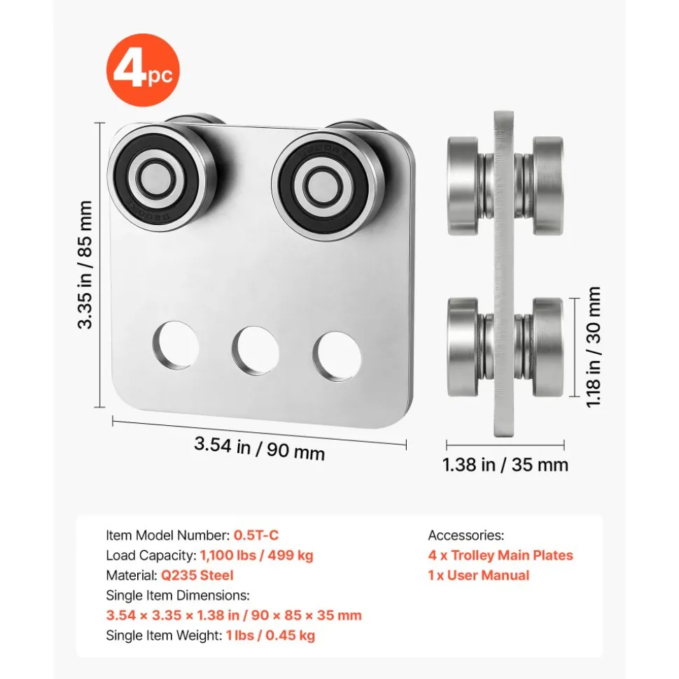 VEVOR 4 Wheel Trolley Assembly Rollers, 4 Pcs 1100 lbs Load, Dual Bearing Trolley Assembly for 1-5/8" Wide and All 1-5/8" or Taller Strut Channel, Heavy Duty Sliding Track System for Warehouse Garage