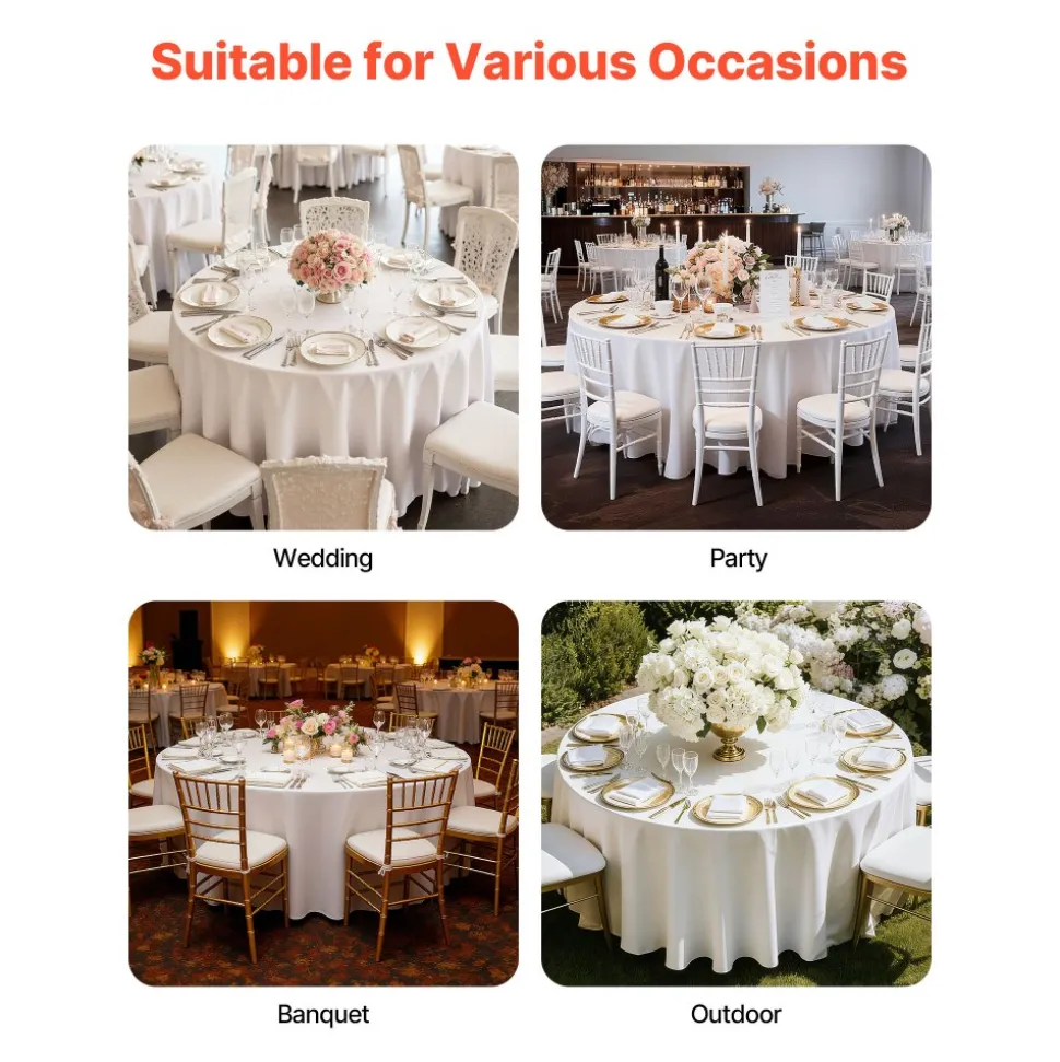 VEVOR White Round Tablecloths 2 Pack, 120 Inches in Diameter, Stain- & Wrinkle- Resistant, Machine Washable Table Clothes, Polyester Fabric Table Covers for Wedding, Party, Banquet, Formal Events