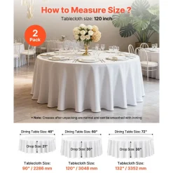VEVOR White Round Tablecloths 2 Pack, 120 Inches in Diameter, Stain- & Wrinkle- Resistant, Machine Washable Table Clothes, Polyester Fabric Table Covers for Wedding, Party, Banquet, Formal Events
