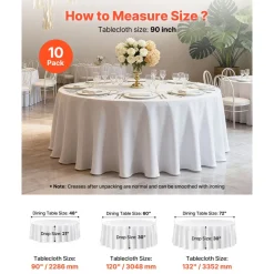 VEVOR White Round Tablecloths 10 Pack, 90 Inches in Diameter, Stain- & Wrinkle- Resistant, Machine Washable Table Clothes, Polyester Fabric Table Covers for Wedding, Party, Banquet, Formal Events