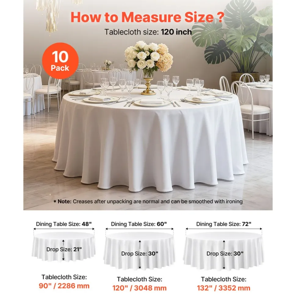 VEVOR White Round Tablecloths 10 Pack, 120 Inches in Diameter, Stain- & Wrinkle- Resistant, Machine Washable Table Clothes, Polyester Fabric Table Covers for Wedding, Party, Banquet, Formal Events
