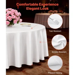 VEVOR White Round Tablecloths 6 Pack, 120 Inches in Diameter, Stain- & Wrinkle- Resistant, Machine Washable Table Clothes, Polyester Fabric Table Covers for Wedding, Party, Banquet, Formal Events