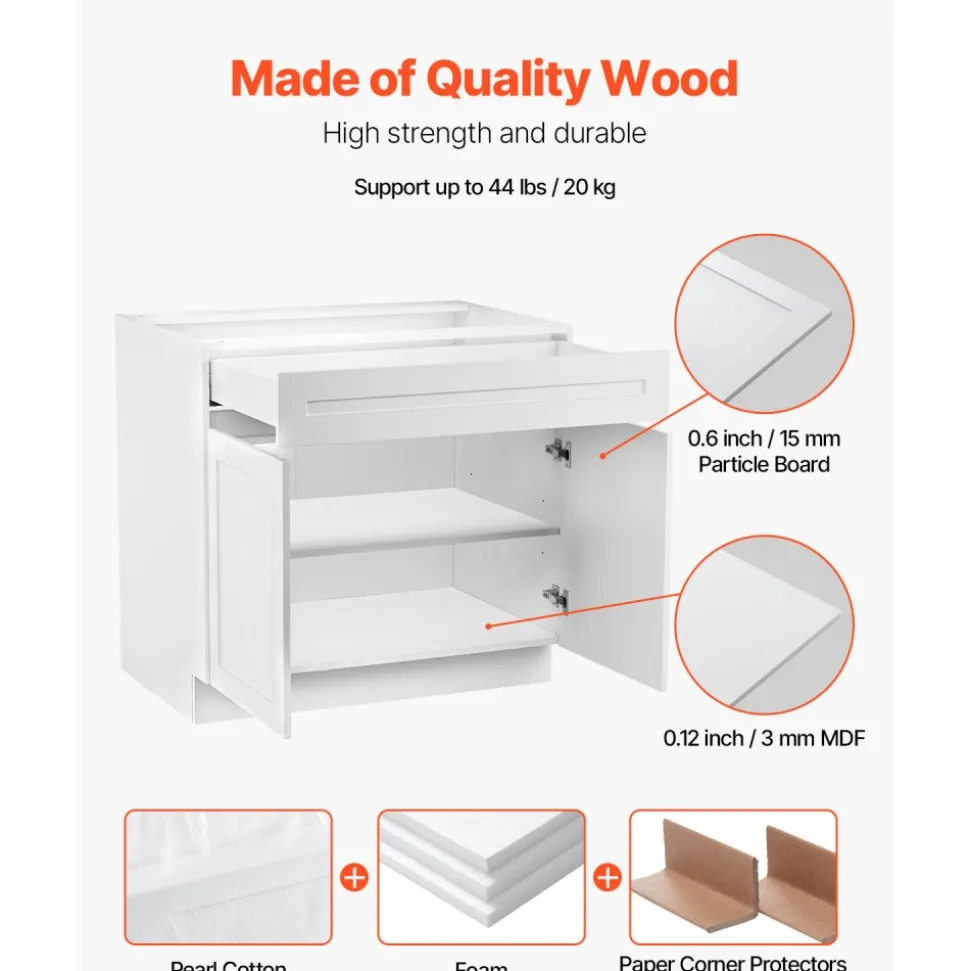 VEVOR White Shaker Base Cabinet with Drawer, 30-Inch Unassembled Drawer Base Cabinet, 30" W x 24" D x 34.5" H Ready to Assemble Cabinet with Soft-Close Doors and Adjustable Shelf, for Home Office