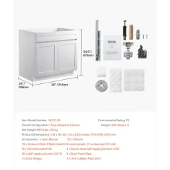 VEVOR White Shaker Base Cabinet, 36-Inch Unassembled Sink Base Cabinet, 36" W x 24" D x 34.5" H Ready to Assemble Cabinet with Soft-Close Doors and Adjustable Shelf, for Home Office