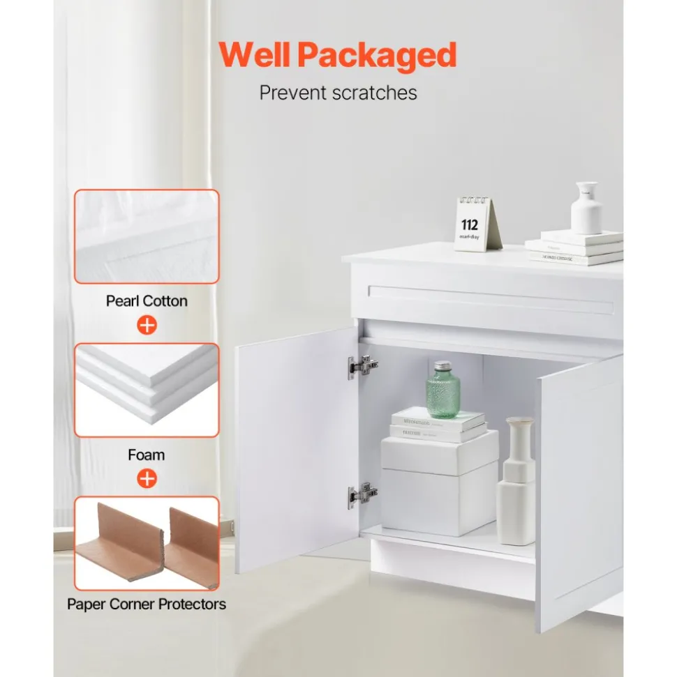 VEVOR White Shaker Base Cabinet, 36-Inch Unassembled Sink Base Cabinet, 36" W x 24" D x 34.5" H Ready to Assemble Cabinet with Soft-Close Doors and Adjustable Shelf, for Home Office