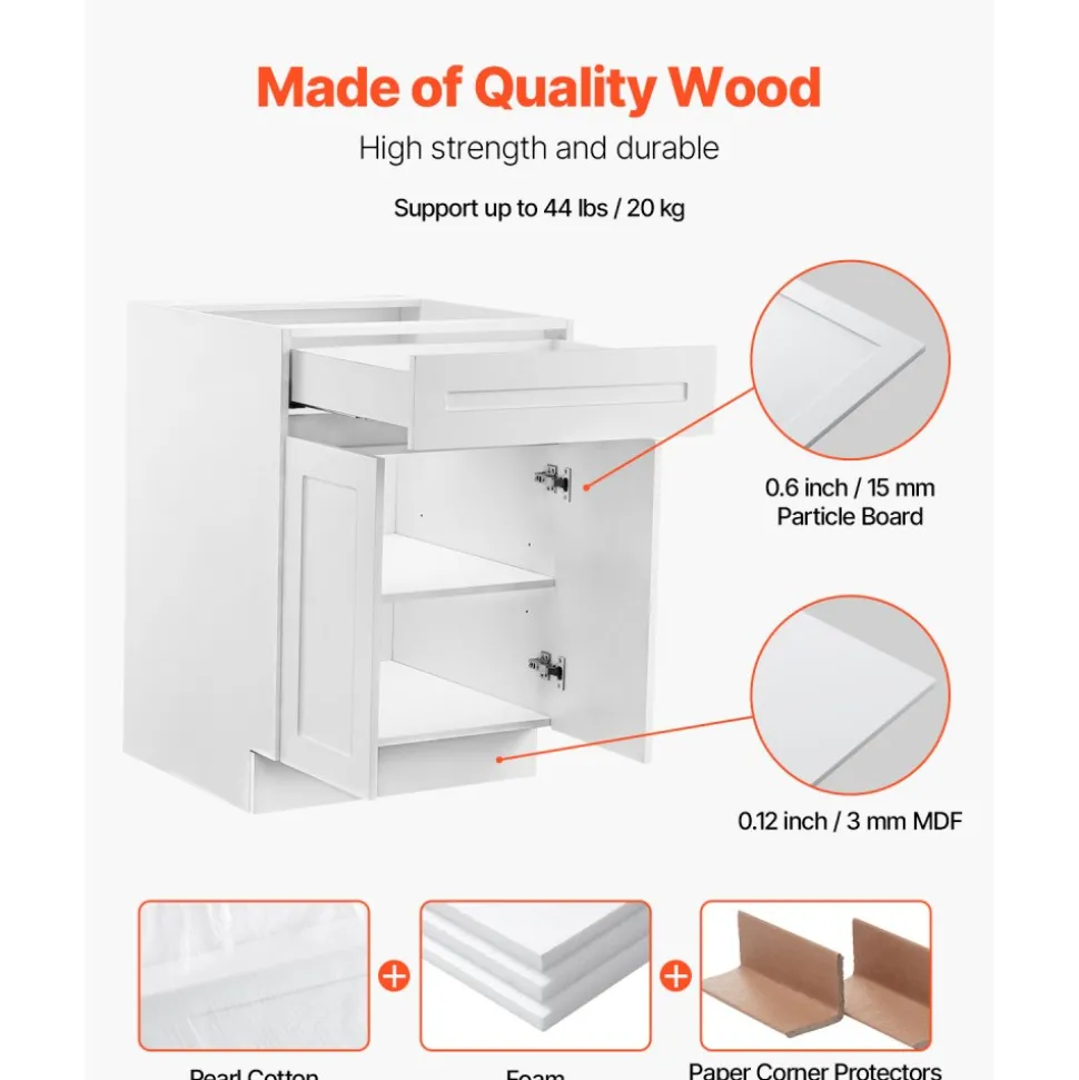 VEVOR White Shaker Base Cabinet, 30-Inch Unassembled Sink Base Cabinet, 30" W x 24" D x 34.5" H Ready to Assemble Cabinet with Soft-Close Doors and Adjustable Shelf, for Home Office