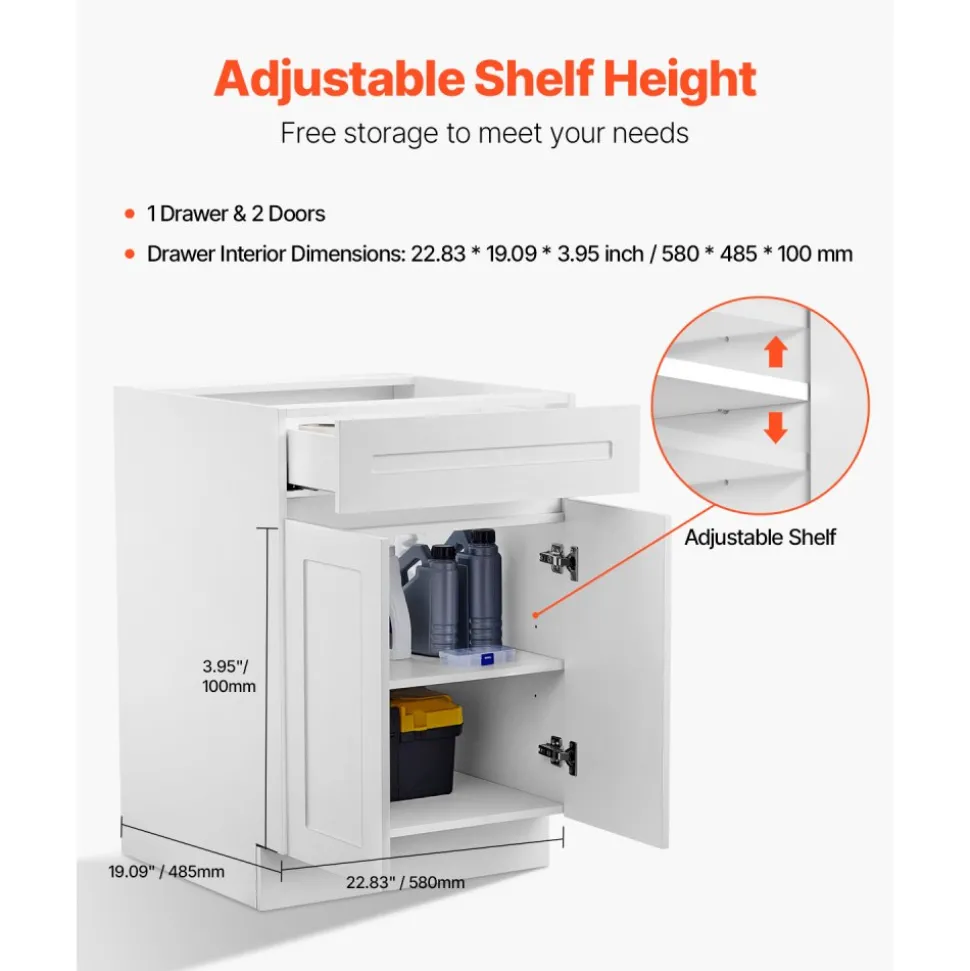 VEVOR White Shaker Base Cabinet, 30-Inch Unassembled Sink Base Cabinet, 30" W x 24" D x 34.5" H Ready to Assemble Cabinet with Soft-Close Doors and Adjustable Shelf, for Home Office