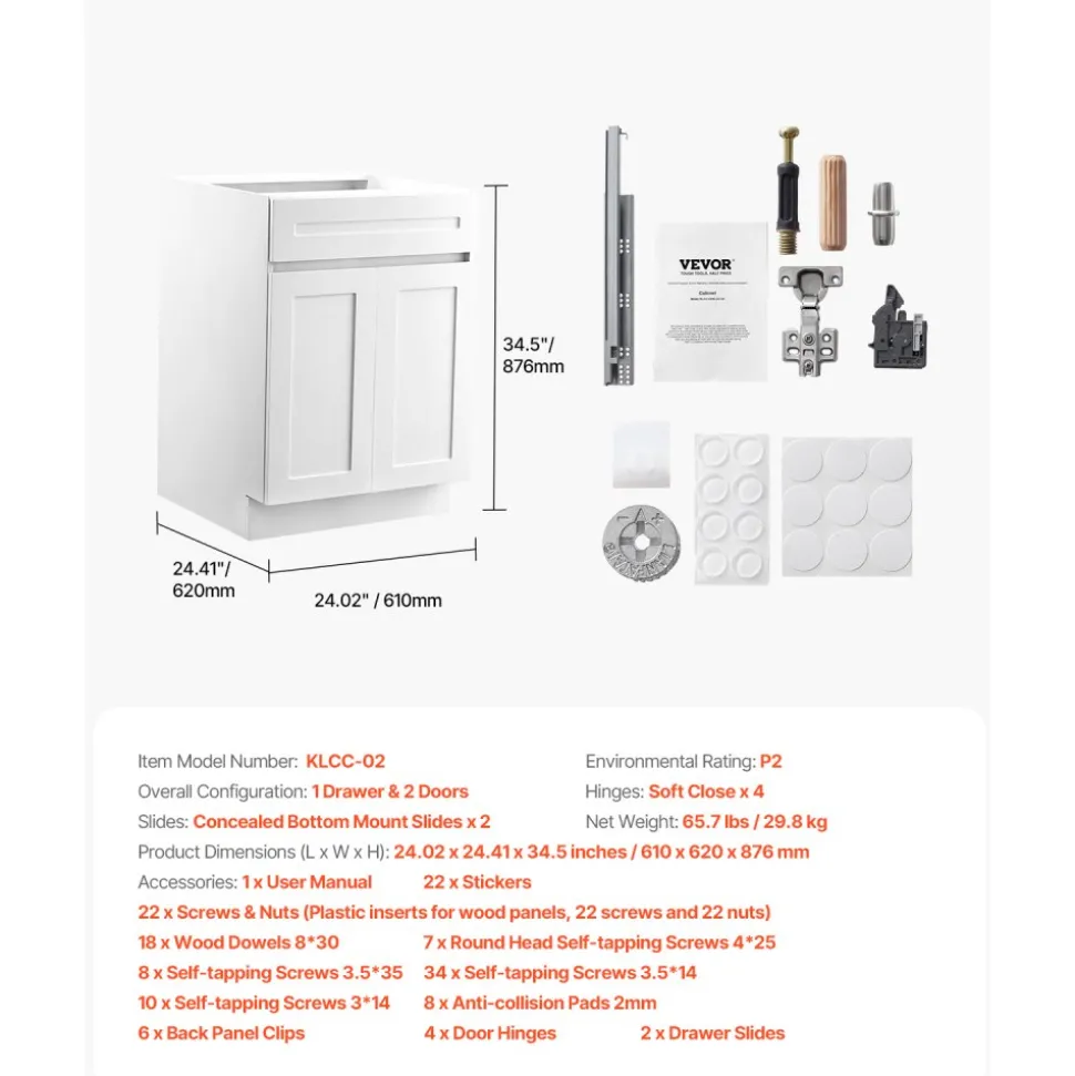 VEVOR White Shaker Base Cabinet, 30-Inch Unassembled Sink Base Cabinet, 30" W x 24" D x 34.5" H Ready to Assemble Cabinet with Soft-Close Doors and Adjustable Shelf, for Home Office