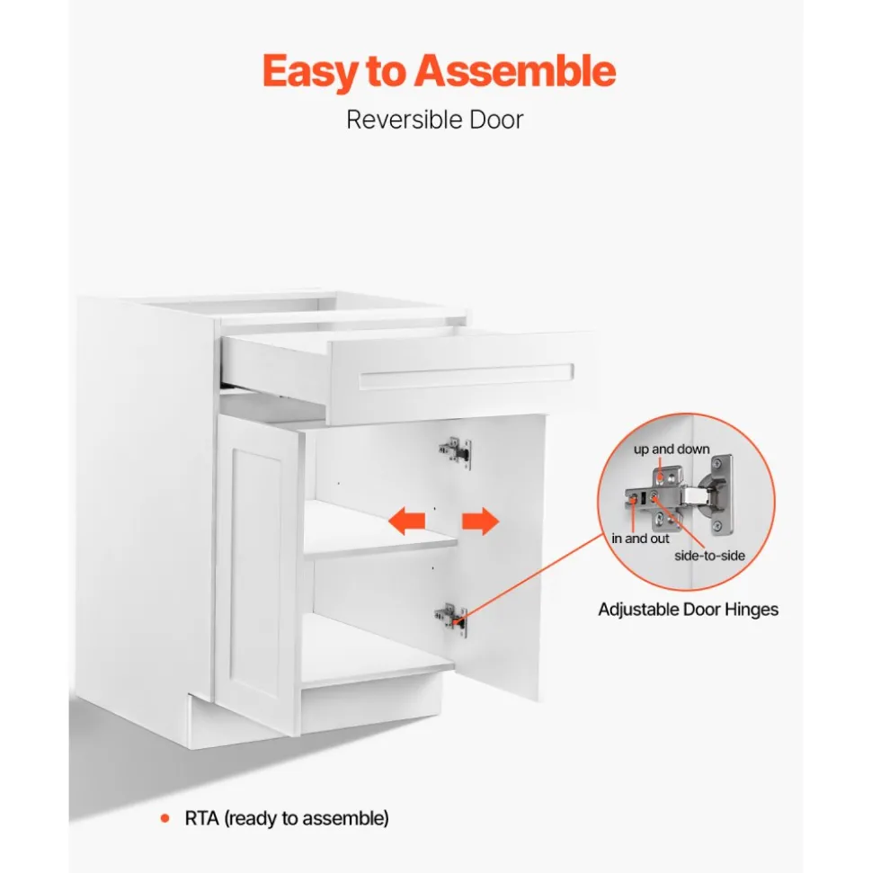 VEVOR White Shaker Base Cabinet, 30-Inch Unassembled Sink Base Cabinet, 30" W x 24" D x 34.5" H Ready to Assemble Cabinet with Soft-Close Doors and Adjustable Shelf, for Home Office
