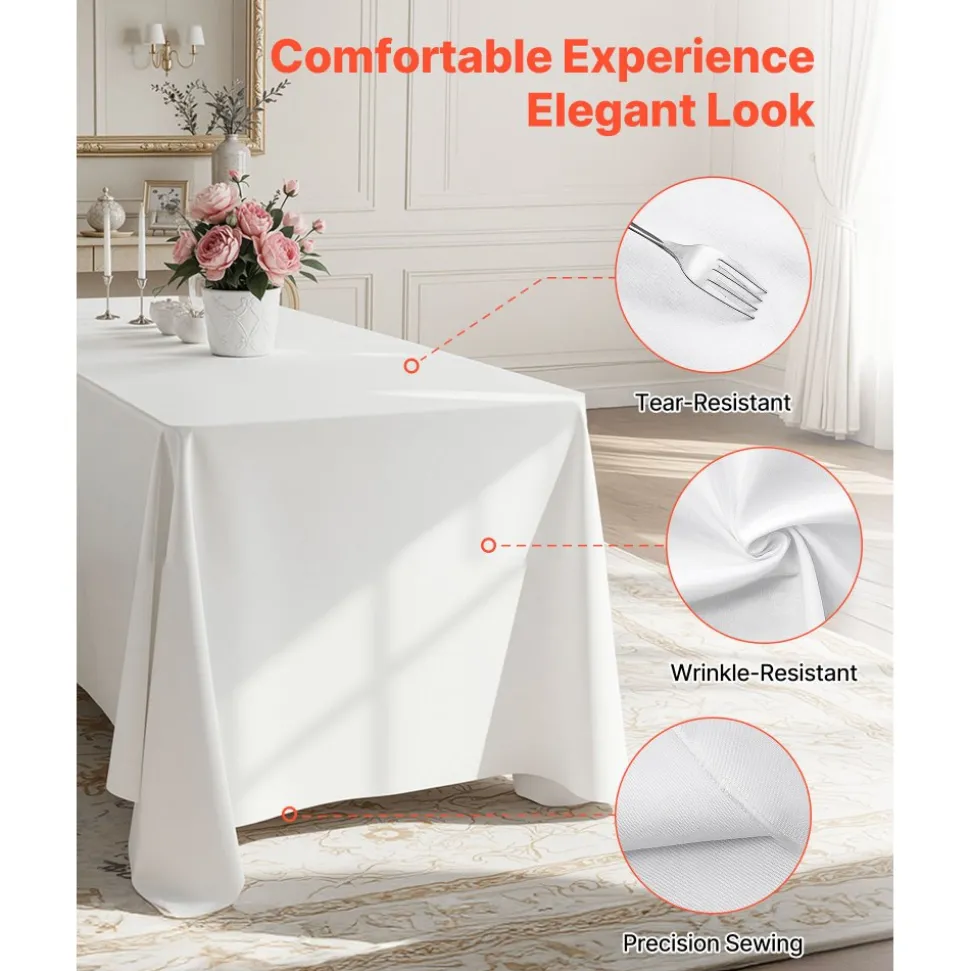 VEVOR White Tablecloths for Rectangle Tables, 6 Pack, 60 x 102 Inches, Reusable and Machine Washable Table Clothes, Wrinkle-Resistant Polyester Fabric Table Covers for Wedding, Party, Banquet