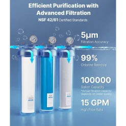 VEVOR Whole House Water Filter System, 3-Stage | Sediment, GAC, CTO | 4.5" x 20" Home Water Purifier Filter Reduce Chlorine, Chemicals, VOCs, Bad Taste, Odor, Rust