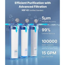VEVOR Whole House Water Filter System, 3-Stage | Sediment, PHO, CTO | 4.5" x 20" Home Water Purifier Filter Reduce Chlorine, Bad Taste, Odor, Rust, Prevent Scale and Corrosion