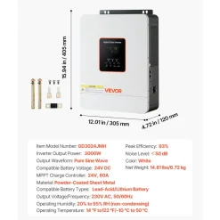 VEVOR 3000W Hybrid Solar Inverter, 24V DC to 230V AC, Pure Sine Wave Power Inverter, Built-in 80A MPPT Solar Controller, Compatible with Lead Acid Lithium Battery, for Home, Camper, Off-Grid