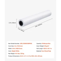 VEVOR Wide Format Paper, 24 in x 150 ft Plotter Roll, 8 Rolls CAD Bond Rolls with 2 in Core, 20 LB Bond Paper Rolls, Ideal for CAD Drawings, Engineering Plans, GIS Maps, and Architectural Designs